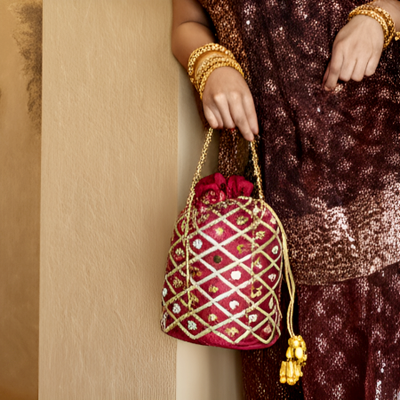 Traditional Handmade Cotton Red Potli Bag with Beads and Mirror Work